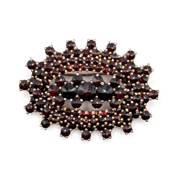 Closeup photo of 14K YG Bohemian 4tcw Garnet Mosaic Cluster Oval Brooch 9.8g