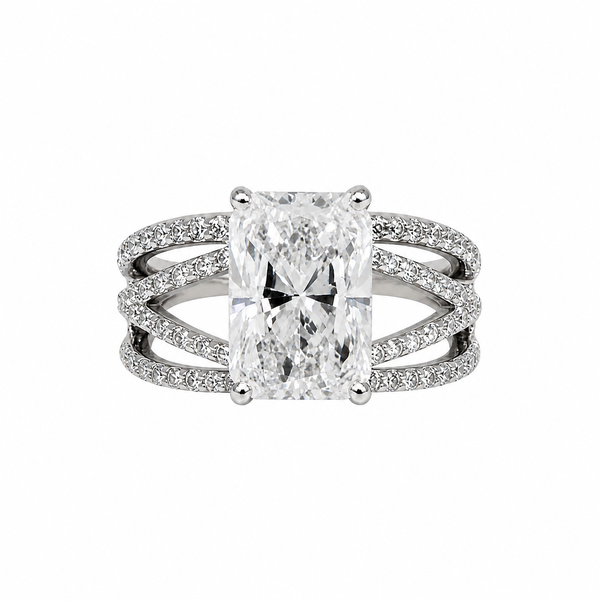 Closeup photo of 14K WG 3.42ct Lab Radiant Diamond IGI & .45tcw RBC Diamond Criss-cross Ring 5.9g, st
