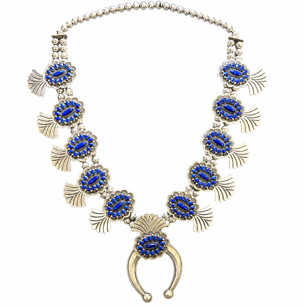 Closeup photo of 925 Sterling Native Stamoped ERB Super Fine Lapis Squash Blossom Necklace 367.8g, 30.5"