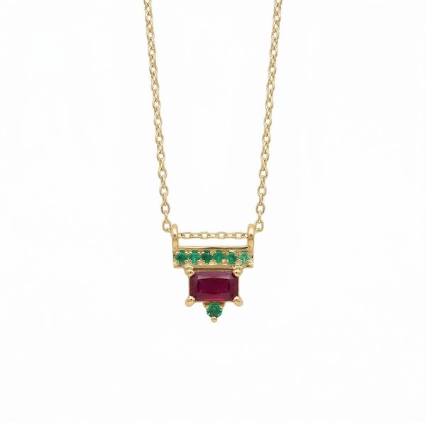 Closeup photo of 14k Yellow Gold .28ct Ruby with .05ct Tsavorite Necklace