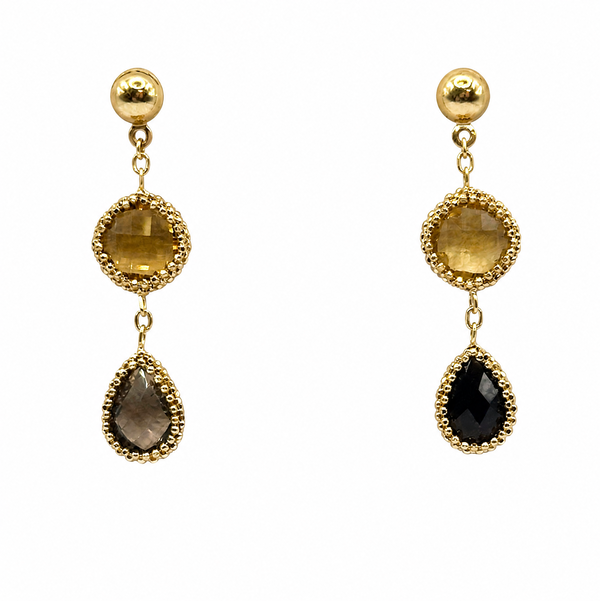Closeup photo of 14K YG Citrine & Brown Quartz Double Drop Earrings 4.6g, 1.5"