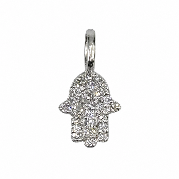 Closeup photo of 14K WG Petite .10tcw Diamond Hamsa Pendant .4g