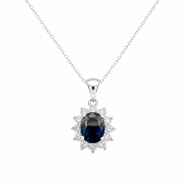 Closeup photo of 14K WG 1.60ct Oval Sapphire & .36tcw RBC Diamond Halo Diana Pendant Necklace 3.5g, 18"