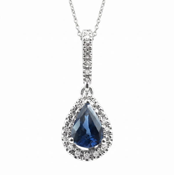 Closeup photo of 14K WHITE GOLD DIAMOND AND SAPPHIRE PENDANT WITH CHAIN