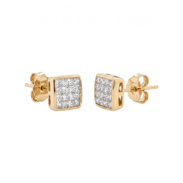 Closeup photo of 14K YG 1.00tcw Invisible Princess Diamond Cluster Square Earrings 2.3g, 8.4mm