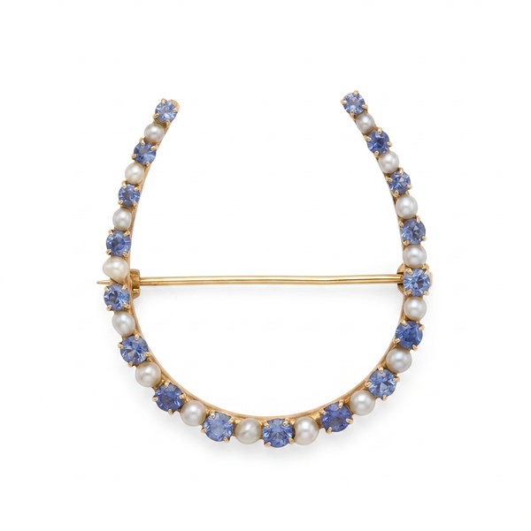 Closeup photo of 14K YG Victorian 1.10tcw Sapphire & Seed Pearl Horseshoe Brooch 6.7g