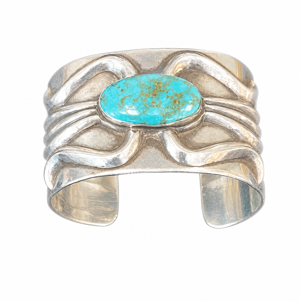 Closeup photo of 925 Sterling Native Zuni Sand Cast Turquoise Cuff Bracelet 87.2g