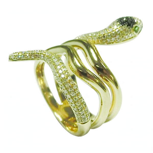 Closeup photo of 14K YELLOW GOLD TSAVORITE, DIAMOND AND TREATED BLACK DIAMOND SNAKE RING