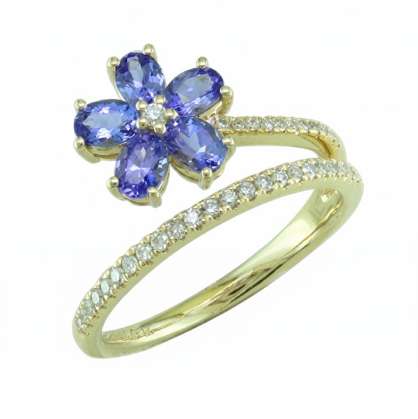 Closeup photo of 14K YELLOW GOLD DIAMOND AND TANZANITE FLOWER RING