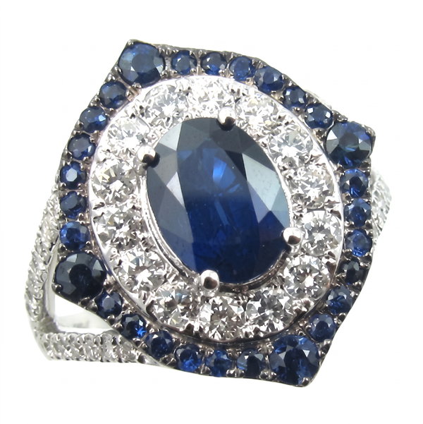 Closeup photo of 14K WHITE GOLD DIAMOND AND SAPPHIRE RING