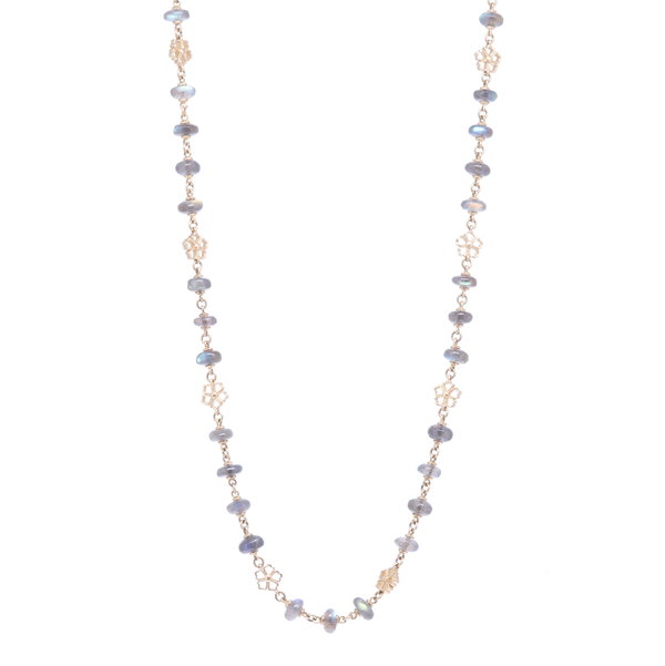 Closeup photo of Labradorite Yellow Gold Necklace with Flower Stations 34"