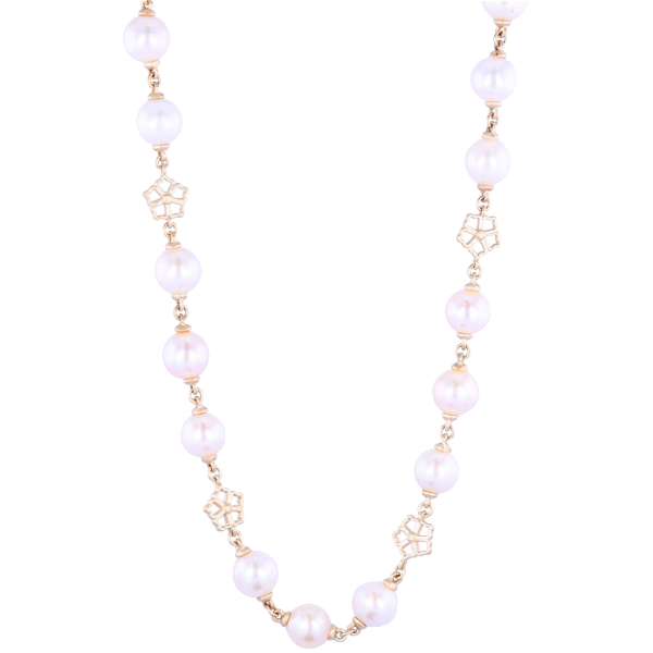 Closeup photo of 32" 9-9.5mm White Akoya Pearl Chain with Flower Stations and Diamond Clasp