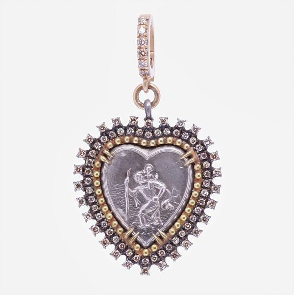 Closeup photo of St.Christopher "The Gentle Giant In The River" Heart Pendant