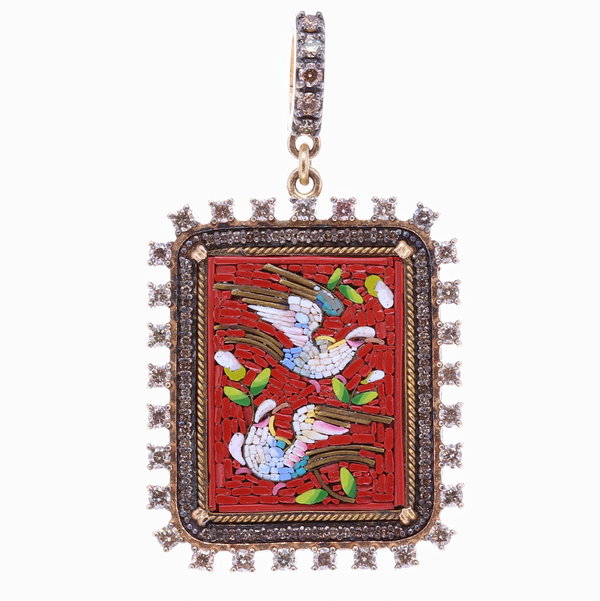 Closeup photo of Red PAX Square Italian Antique Micro Mosaic Dove Pendant