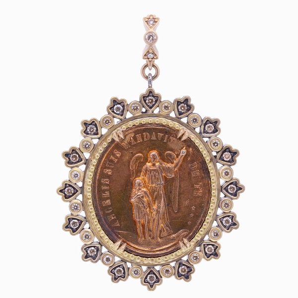 Closeup photo of French Guardian Angel and St. Joseph Pendant