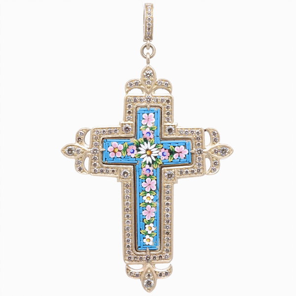 Closeup photo of Floral Turquoise Italian Micro Mosaic Grand Tour Cross Pendant