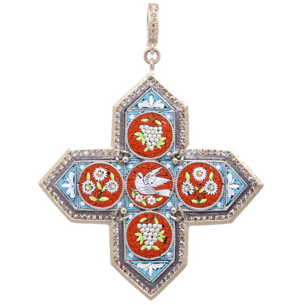 Closeup photo of Italian Grand Tour Micro Mosaic Maltese Cross Holy Spirit Pendant
