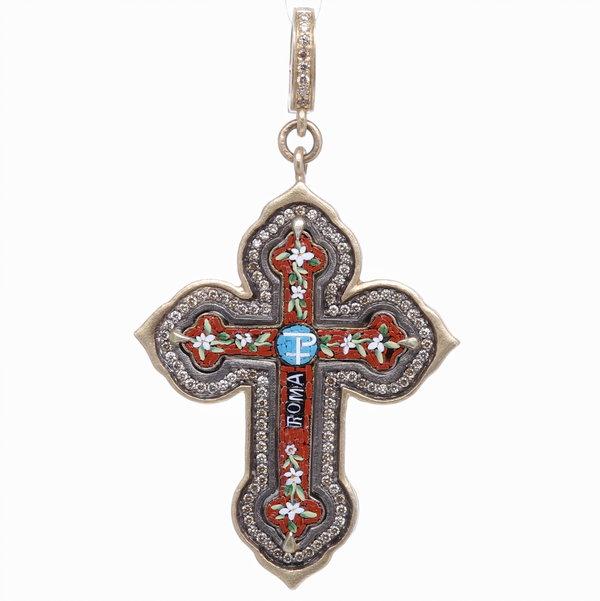 Closeup photo of Italian Grand Tour Red Chi Rho Micro Mosaic Cross