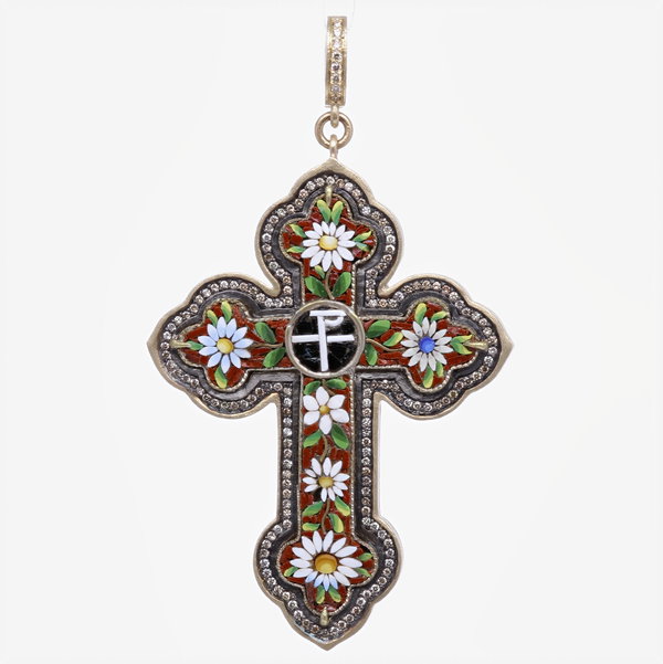 Closeup photo of Italian Grand Tour Chi Rho Micro Mosaic Cross Pendant