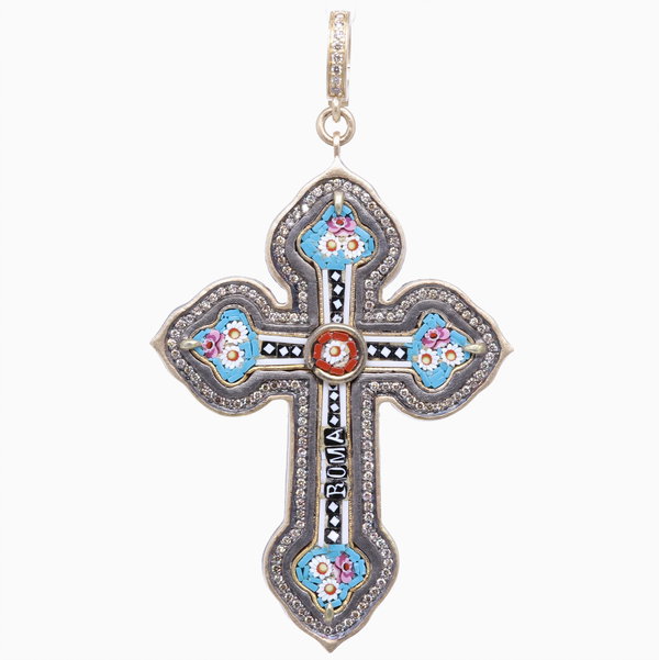 Closeup photo of Italian Grand Tour Roma Micro Mosaic Cross Pendant
