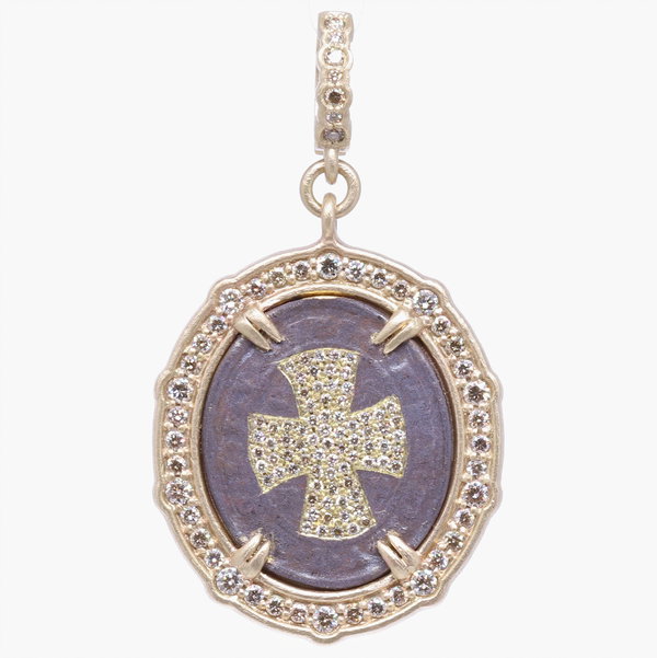 Closeup photo of St. Benedict with Diamond Cross Shield Pendant