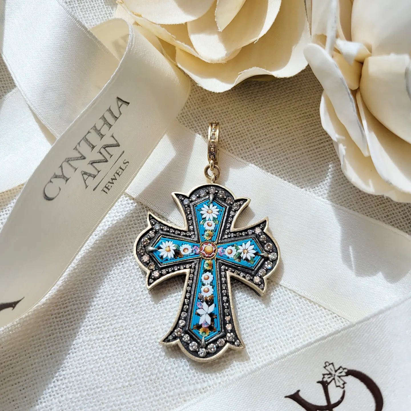 Turquoise Italian Grand Tour Micro Mosaic Cross