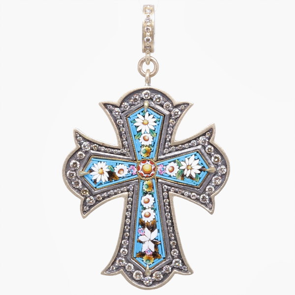 Closeup photo of Turquoise Italian Grand Tour Micro Mosaic Cross