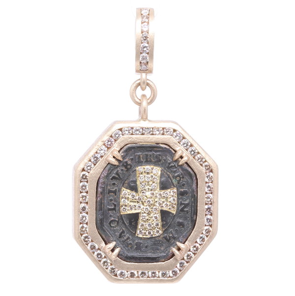 Closeup photo of 14k Small Octagonal St. Benedict Medal w/ Diamond Cross Inlay