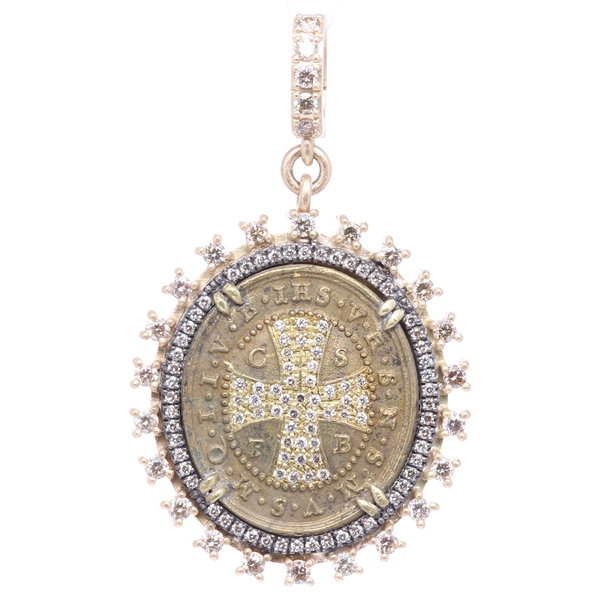 Closeup photo of 14k Oval St. Benedict Medal with Diamond Cross Inlay