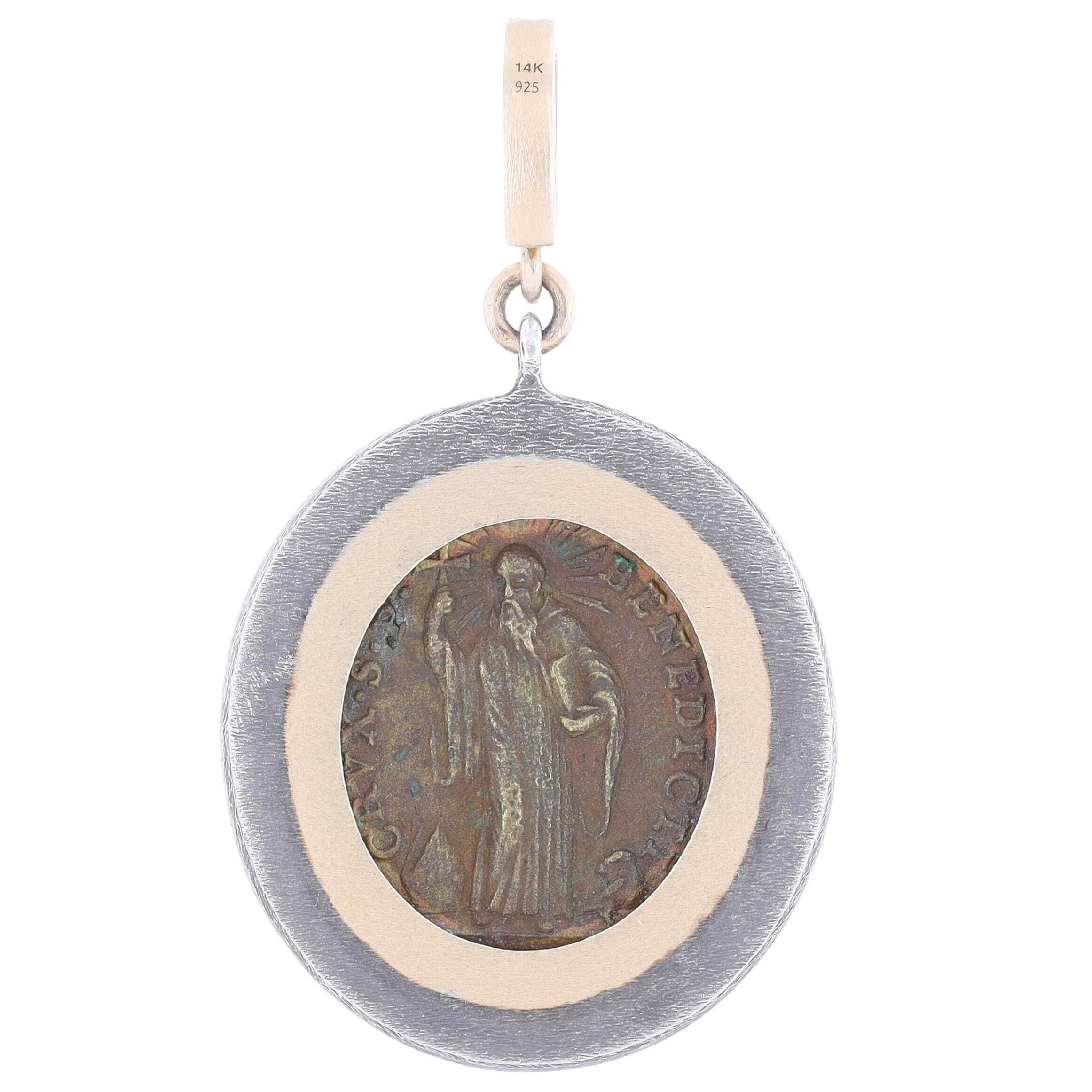 Antique St Benedict Medal set in 14k with Diamonds