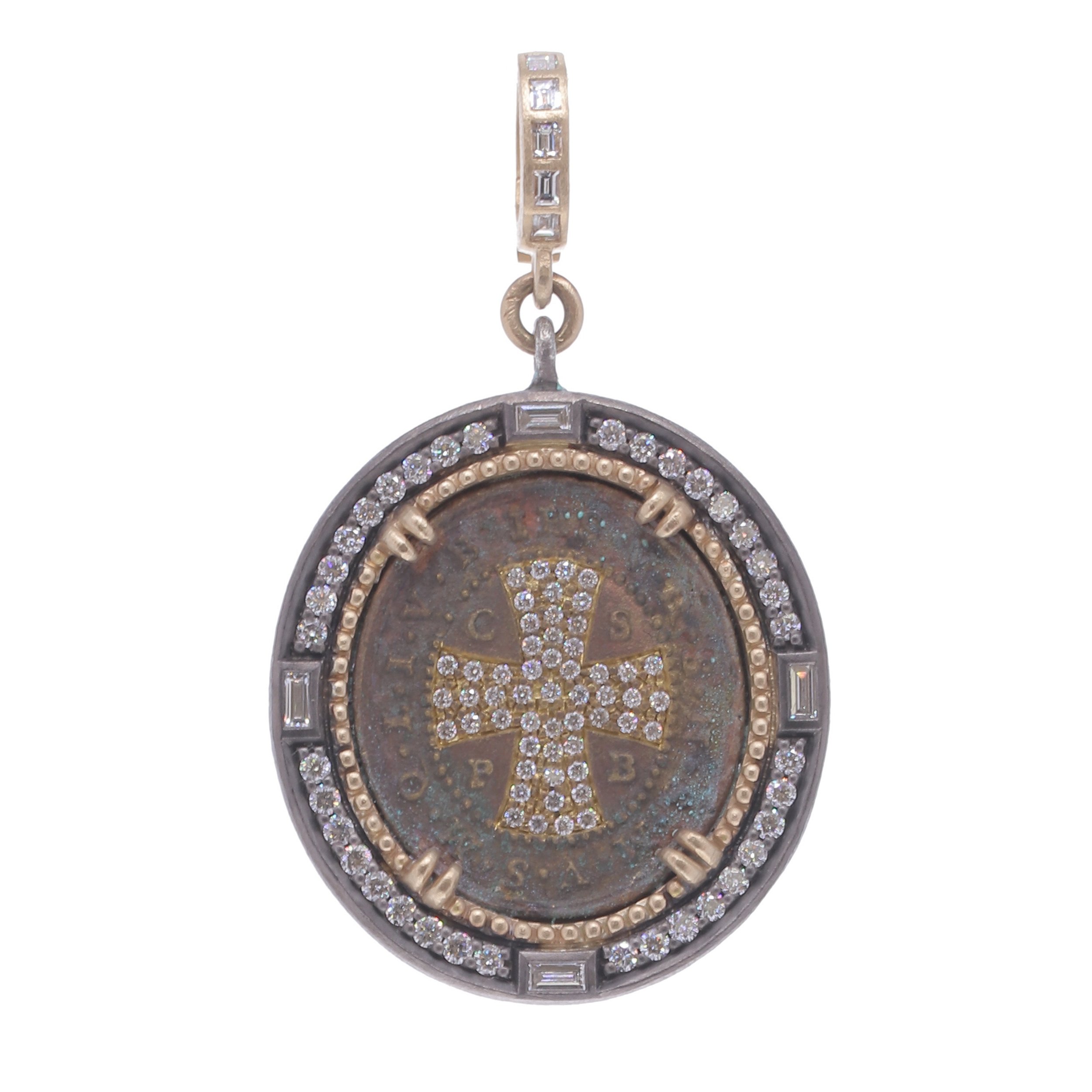 Antique St Benedict Medal set in 14k with Diamonds14k: 6.91gBRHSSt Benedict w/InlayWDIA: 1.15tcw