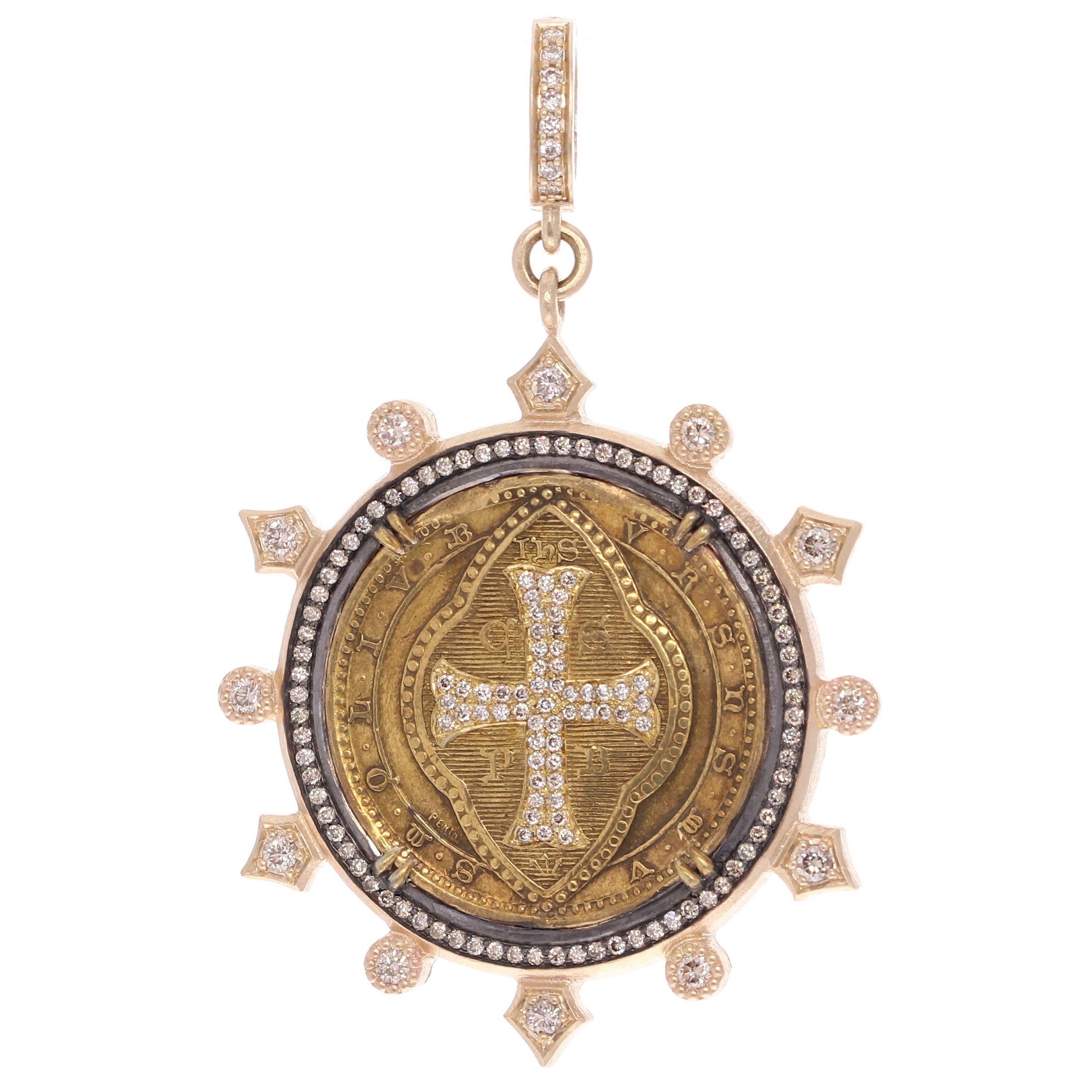 Antique Brass St. Benedict Medal with Diamond Inlay