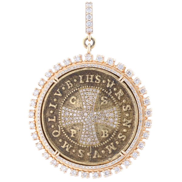 Closeup photo of Antique Large Round St Benedict Medal Pendant