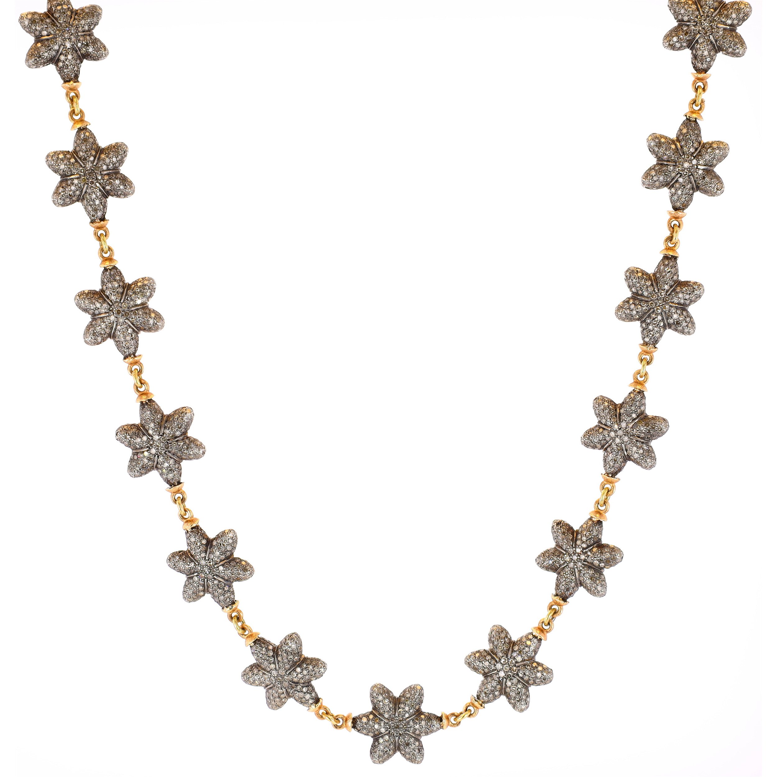 14k Yellow Gold Pave Diamond Flower Necklace 25"