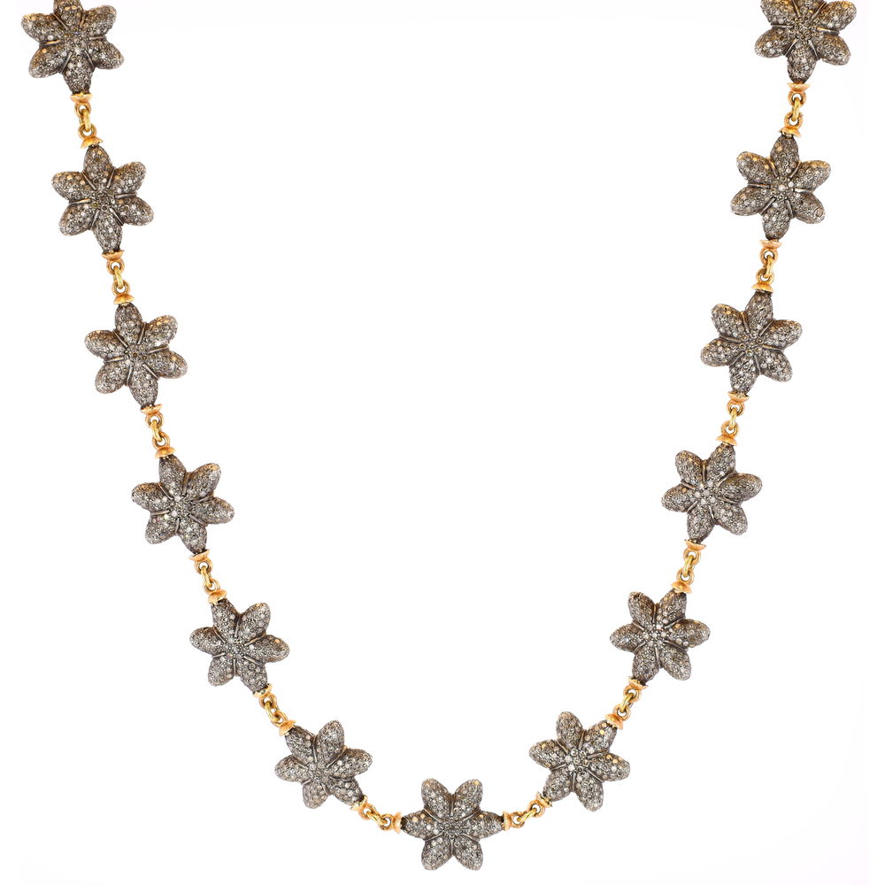 Shot of 14k Yellow Gold Pave Diamond Flower Necklace 25"