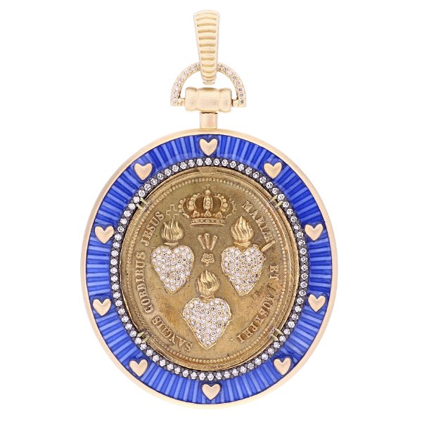 Closeup photo of Antique Sacred Heart Medal w/ Blue Enamel