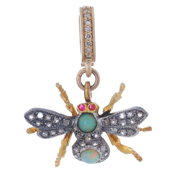 Closeup photo of Opal Bee Pendant with Diamonds, Ruby Eyes and an Open-able Bale