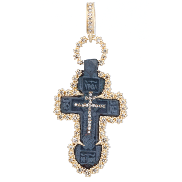 Closeup photo of Ancient Old Believers Cross w/ Diamond Inlay