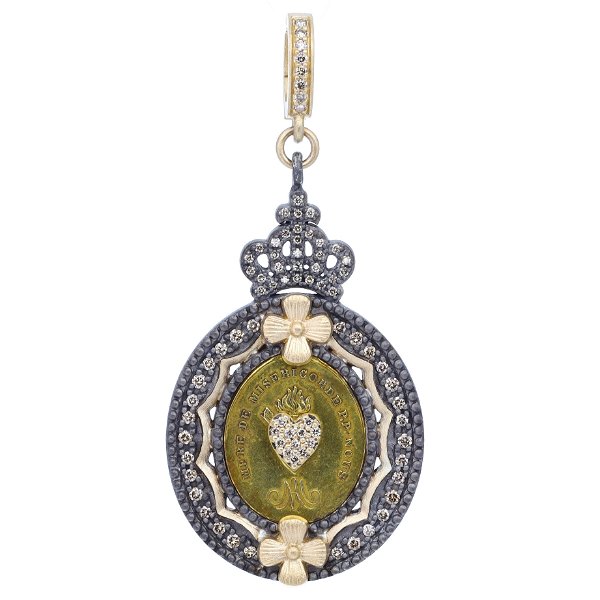 Closeup photo of Antique French Mother of Mercy Medal Pendant with 14k Yellow Gold and Diamond Heart Decal