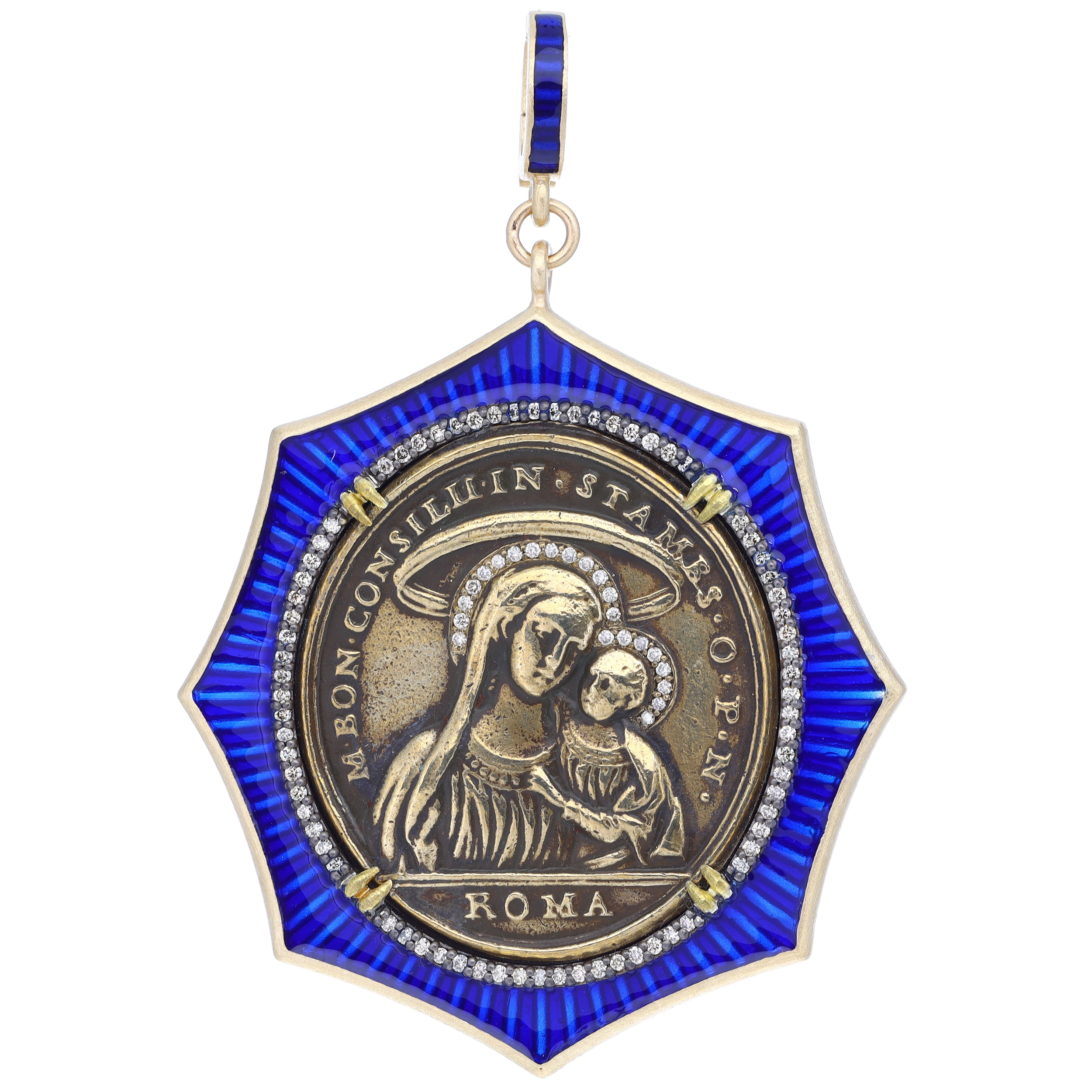 Antique Mary & Jesus Vatican Medal Pendant with Deep Blue Enamel