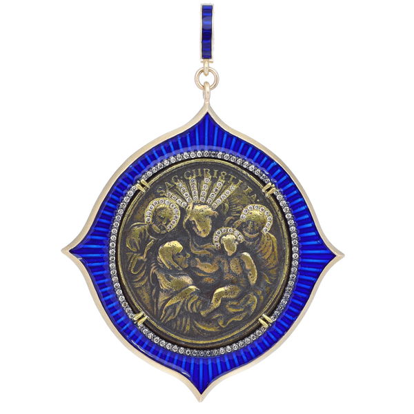 Closeup photo of Antique Vatican Nativity Scene Medal Pendant w/ Blue Enamel