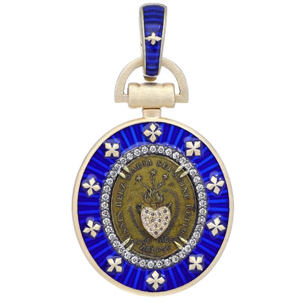 Closeup photo of Antique Sacred Heart Medal with Blue Enamel Bezel Pendant