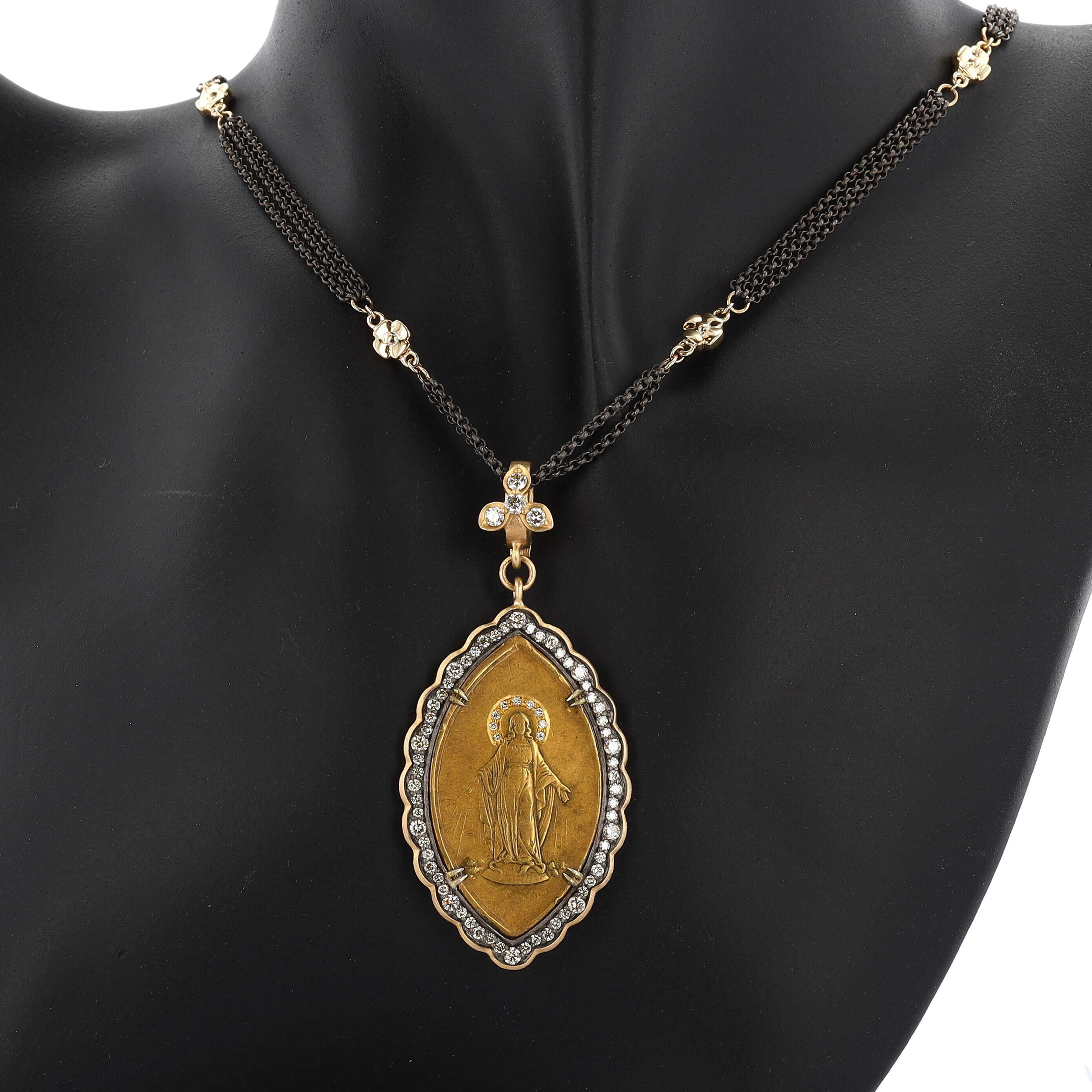 Antique Virgin Mary Medal Pendant w/ Diamond Halo