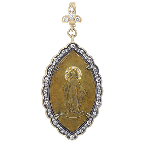 Closeup photo of Antique Virgin Mary Medal Pendant w/ Diamond Halo