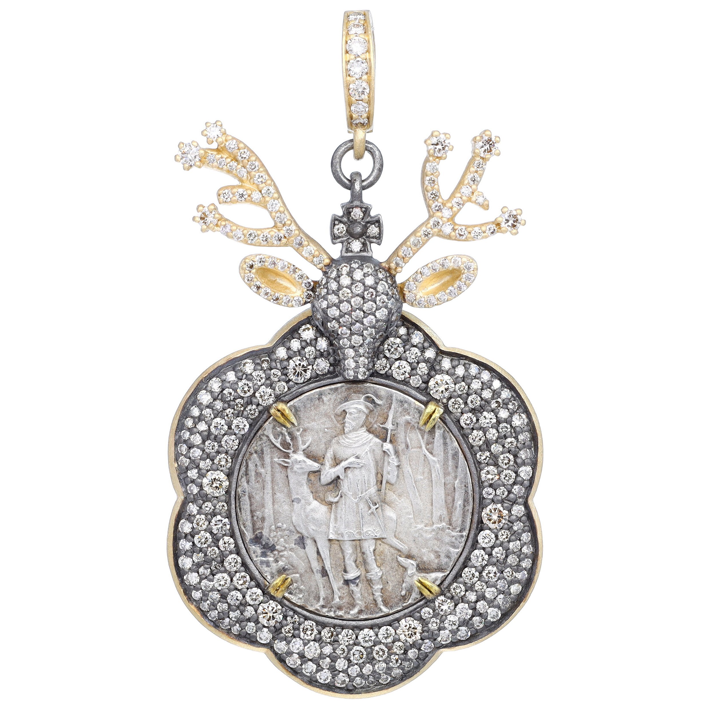 Large Antique French Sterling St Hubert Medal Pendant with Pave Diamond Details in 14k Yellow Gold and Black Rhodium Silver Bezel