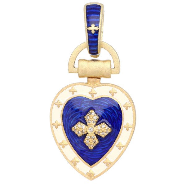 Closeup photo of Enamel Heart Cross Pendant with Blue Enamel