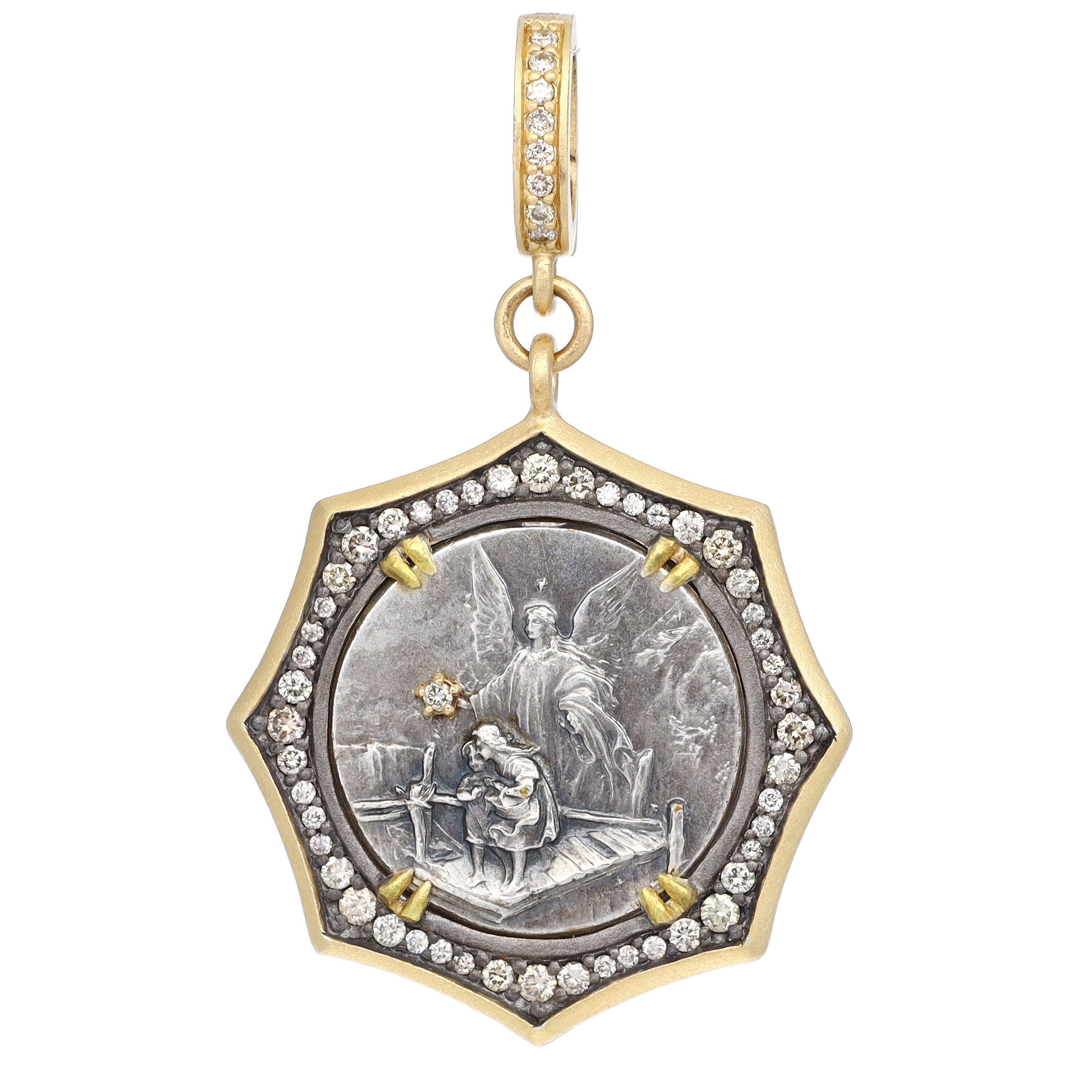 Antique Italian Guardian Angel Medal Pendant