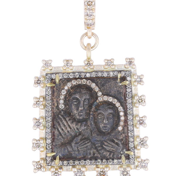 Closeup photo of Ancient Holy Virgin with Child Icon Medal Pendant