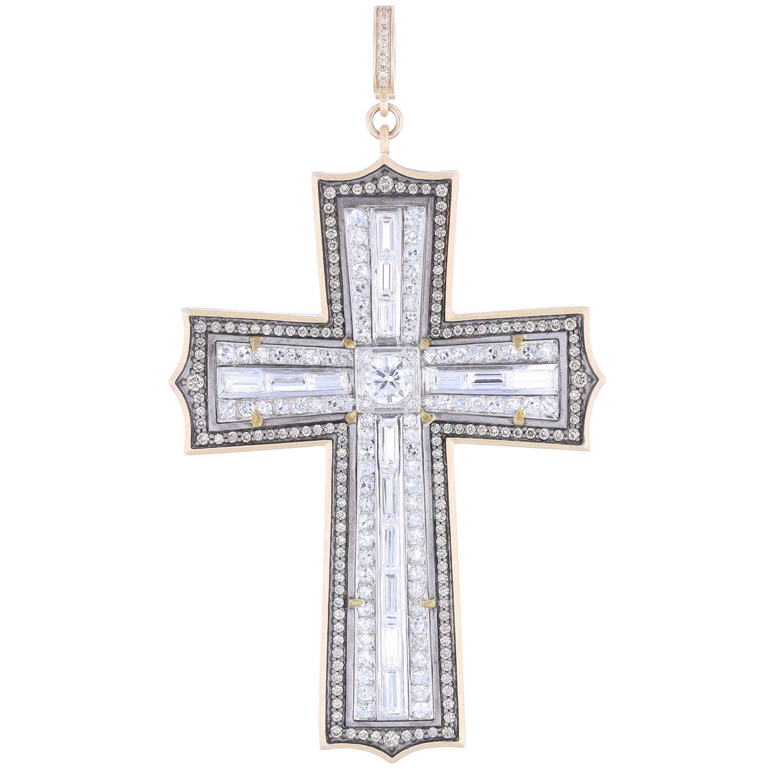 Large Baguette Platinum Diamond Art Deco Cross Pendant