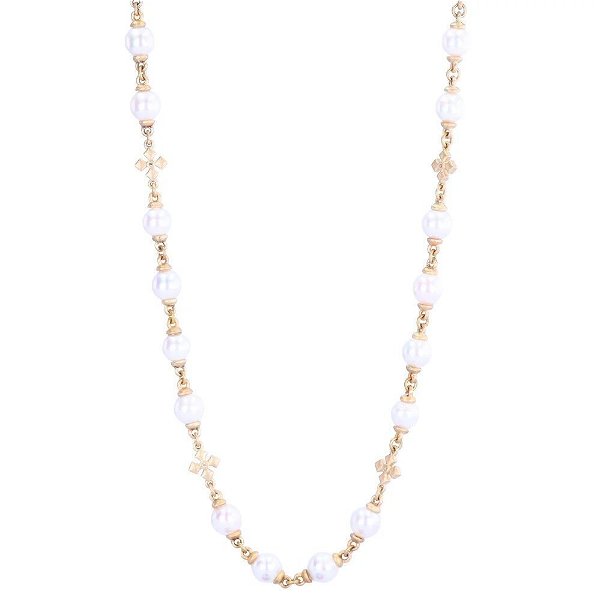 Closeup photo of 15" inches White 5.5-6.6mm Akoya Pearl Necklace with Pointy Maltese Station and Plain Gold Clasp